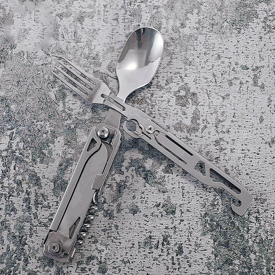 Alloet 6-in-1 Multifunktionales Campingbesteck aus Edelstahl, faltbar und tragbar, Farbe: Silber - Bild 4
