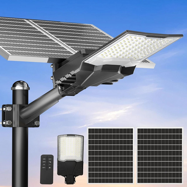 YQCHEZI Solar-Straßenleuchte für Außenbereich, IP67 Wasserdichtes Flutlicht in Schwarz, 6500K Kaltweiß mit Fernbedienung für Parkplatz und Garten - Bild 1
