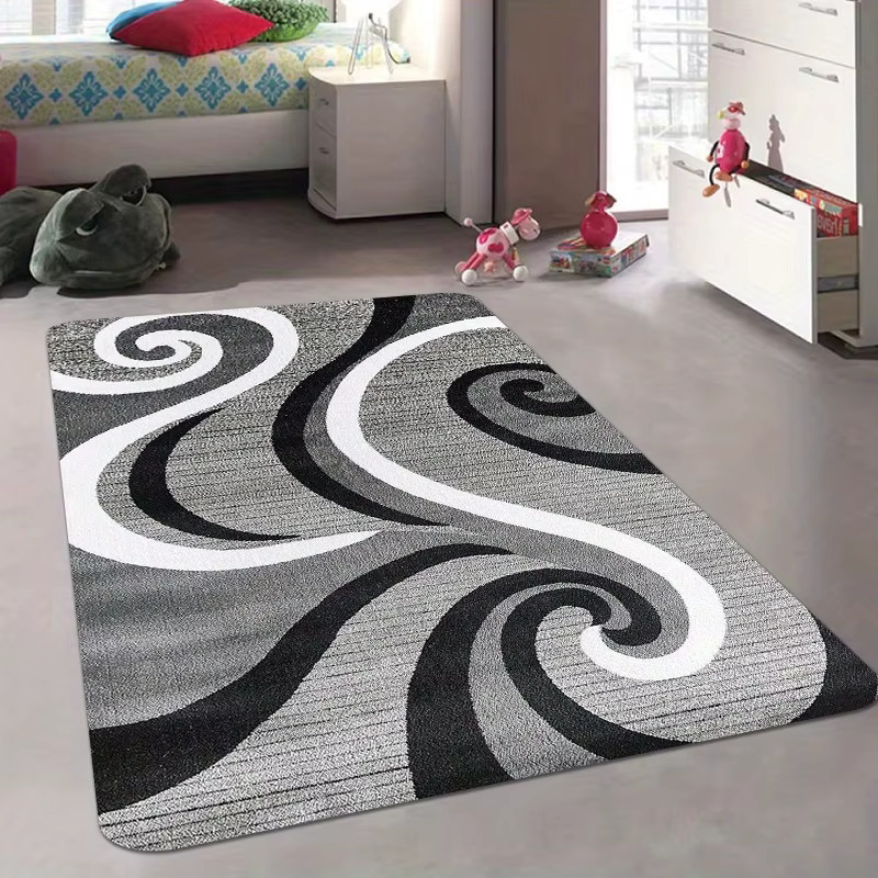 VIKAMA Moderner Geometrischer Teppich mit Wirbelmuster in Grau-Schwarz-Weiß, Abstrakter Druck, Rutschfest und Waschbar - Bild 5