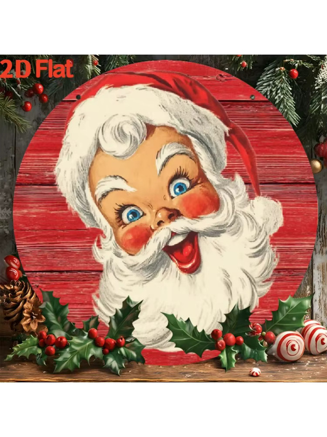 Potdemiel Rundes Metallschild Santa Stop Here in Rot und Weiß, Vintage-Weihnachtsmann-Wanddekoration mit Holly und Candy Cane, Durchmesser: 20,32 cm - Bild 7