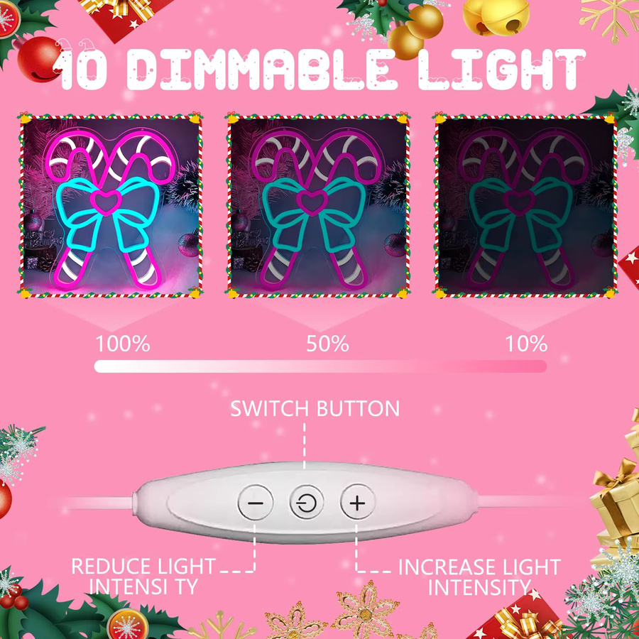 Dimmbares Rosa Zuckerstangen-Neonschild zur Wanddekoration für Schlafzimmer und Weihnachtsfeier, Pink/Multicolour - Bild 3