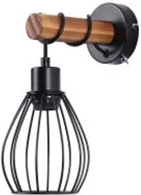NETTLIFE Wandleuchte im Industrie-Design mit Schalter, Schwarz und Holz, E27 - Bild 1