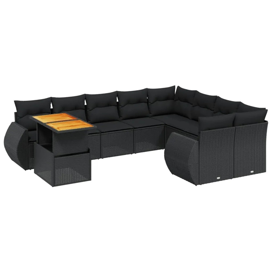 vidaXL 10-teilige Garten-Sofagarnitur in L-Form aus Polyrattan und Akazienholz mit Kissen in Schwarz - Bild 2