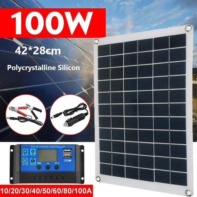 ZRGAE 100W Solarpanel mit Dual-USB-Anschluss, wasserdichtes tragbares Ladepanel für Camping und Outdoor in Schwarz - Bild 1
