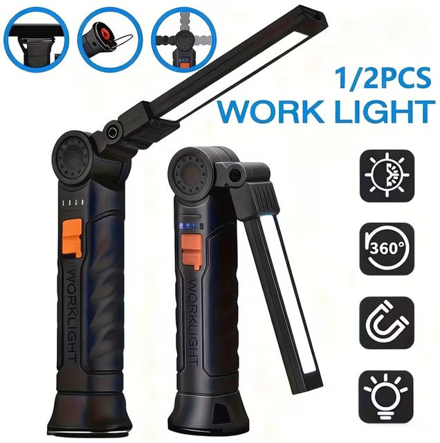 Multifunktionale drehbare Arbeitsleuchte in Schwarz mit Magnet und Haken, wiederaufladbare USB-Taschenlampe mit warmweißem Licht für professionelle Inspektionen und Notfälle - Bild 1