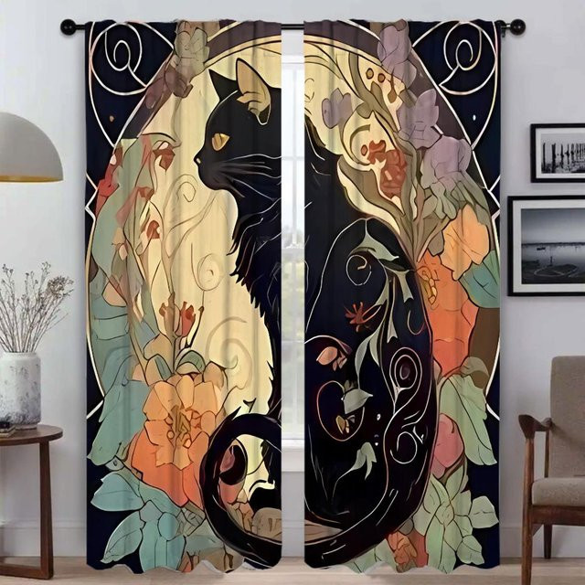 2er-Set Halloween Tüll-Fenstervorhänge mit Katzenmotiv, Mehrfarbig, Breite: 50 cm, Höhe: 70 cm - Bild 1