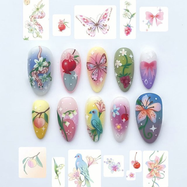 YADORNOS Kunstnägel, Fantasy-Blumen mit Cartoon-Feen-Schmetterlings-Design, Mandelspitze, Glänzend, 24 Stück - Bild 1