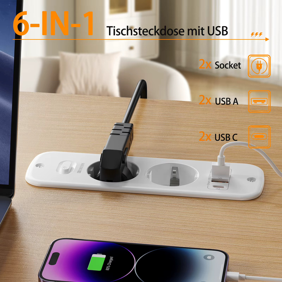 HITRENDS Tisch-Einbausteckdose in Weiß mit 2 AC-Steckdosen und 2 USB-C Schnellladeanschlüssen sowie 2 m Kabel - Bild 2