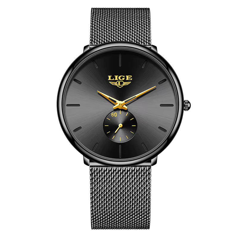 LIGE Armbanduhr, Quarz, Edelstahl, Milanaise, Schwarz, Herren - Bild 7