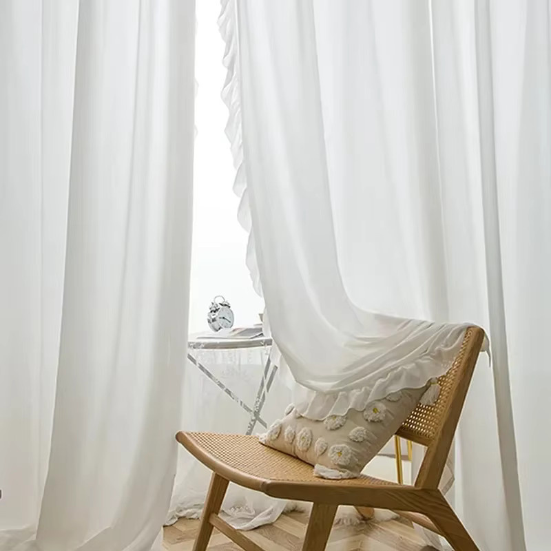 Weiße Vintage Rüschen Tüll Vorhänge aus Chiffon im Shabby Chic Design für Kinderzimmer und Wohnzimmer, transparent, Breite: 120 cm, Höhe: 100 cm - Bild 1