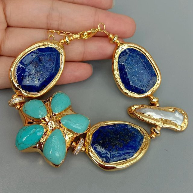 YYGEM Armband, Blaues Lapislazuli, Türkis-Blume, weiße Biwa-Perle, Gold - Bild 1