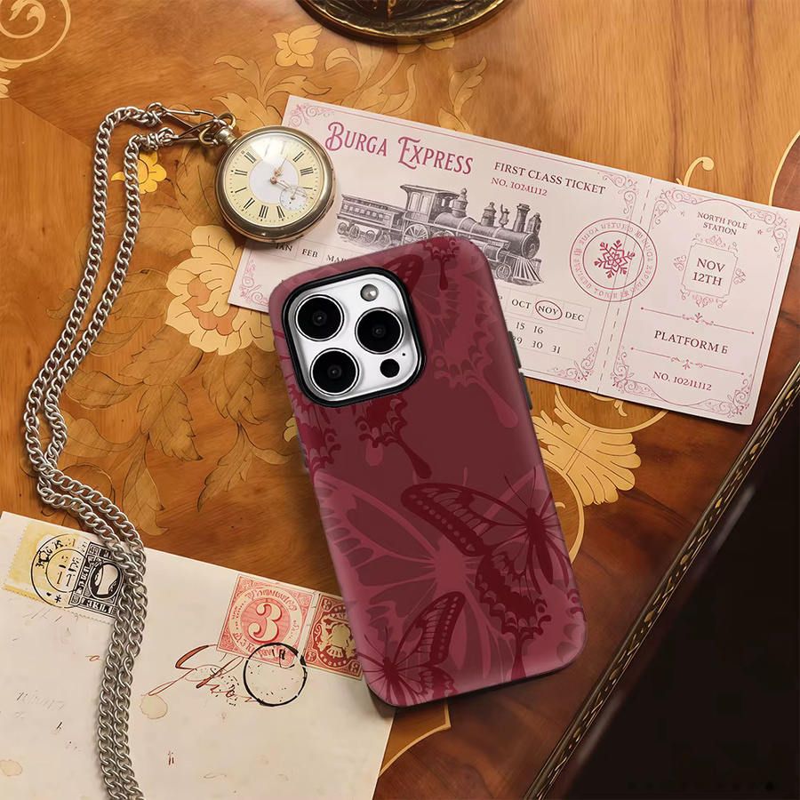 Potdemiel Handyhülle mit Schmetterlings-Design für iPhone, Weinrot, Doppelschichtige Rückseite - Bild 4