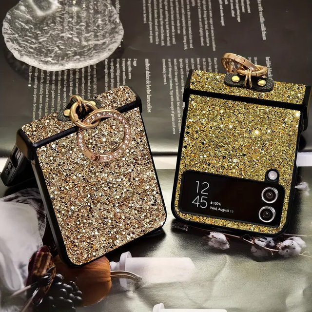 Goldene Kunstleder-Handyhülle mit Strass-Glitzer-Ringhalterung für Samsung Galaxy Z Flip 8 7 6 5 4 3 FE Hartschale - Bild 1