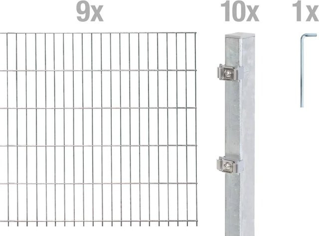 Metallzaun Grund-Set Doppelstabmatte aus Stahl, feuerverzinkt, Farbe: Silber, Höhe: 0,8 m, Breite: 9 m - Bild 1