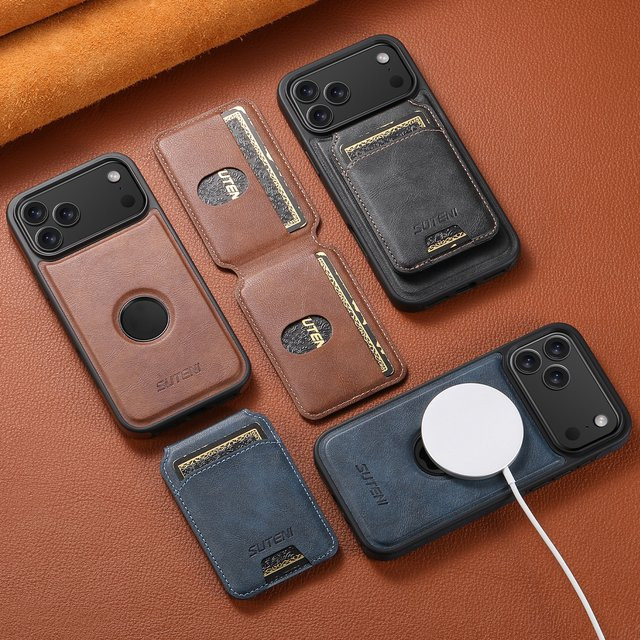 SUTENI 2-in-1 Kunstleder-Handyhülle mit Kartenhalter und Ständer für iPhone 17 Pro Max 16 Plus 15 14 13 in Blau oder Braun - Bild 1