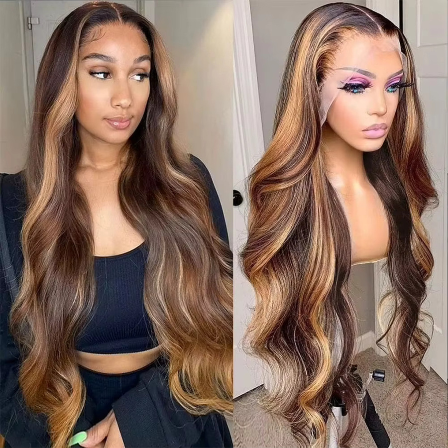 UVEOUS Echthaarperücke, Lace Front Perücke, Body Wave, P4/27 Highlight - Bild 2