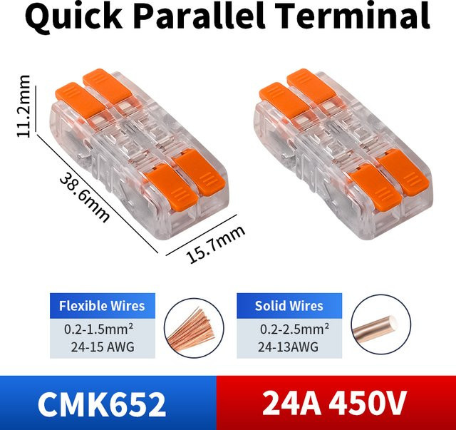 JINH Elektrische Verdrahtungsanschlüsse Parallelverbinder mit 2 Eingängen und 2 Ausgängen, kompakter Spleißanschlussklemmenblock für 0,2–2,5 mm², transparent - Bild 1