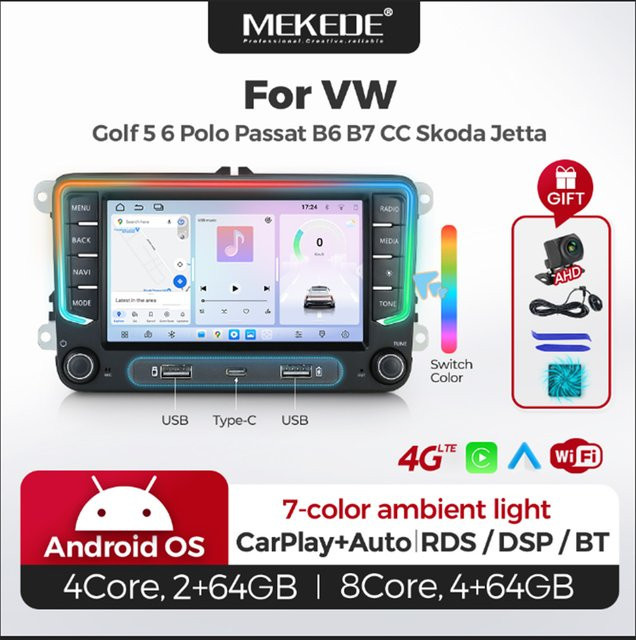 MEKEDE 7 Zoll Kabelloses CarPlay Android 15 Autoradio mit GPS-Navigation und Bluetooth für Volkswagen Amarok, Golf, Passat, Skoda Octavia und Seat Polo in Schwarz - Bild 1