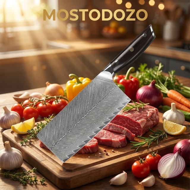 MOSTODOZO 7-Zoll Hackmesser aus Damaszener Stahl, professionelles Küchenmesser für Fleisch und Gemüse - Bild 1