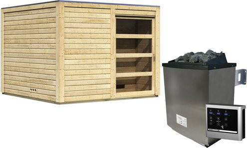Karibu Saunahaus Kandau aus Fichtenholz in Beige mit 9 kW Ofen und externer Steuerung, B/T/H: 276 x 276 x 210 cm - Bild 1