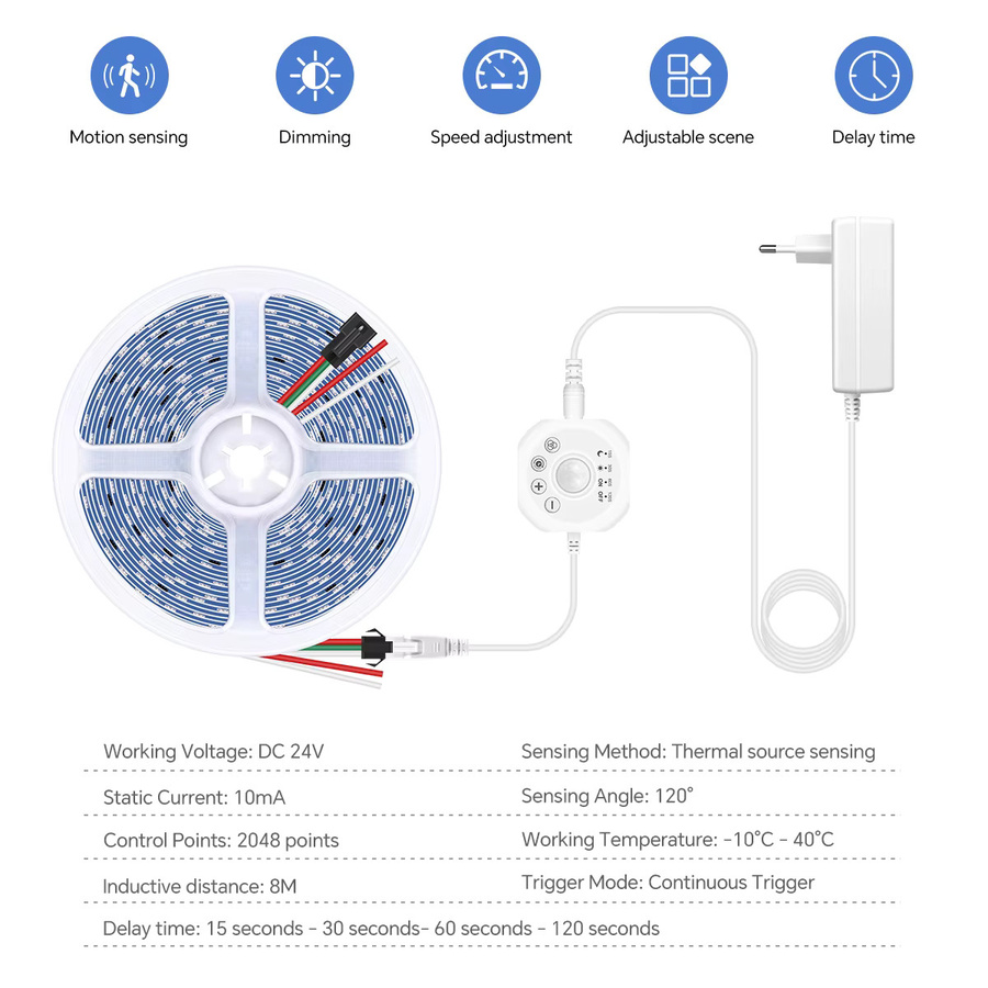CHNAITEKE RGBIC LED-Streifen mit Bewegungssensor, WS2811 Smart Motion Sensor Lichtband in Multicolour, 24 V DC, ideal für Treppen, Schrank und Korridor - Bild 2