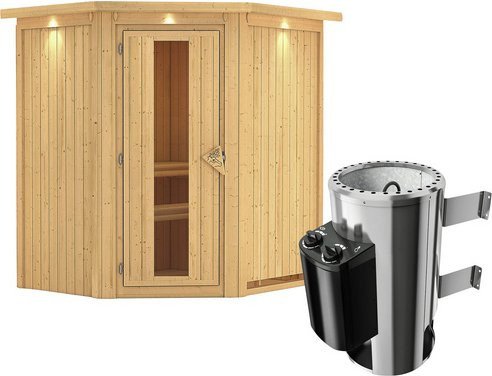 Karibu Sauna Tuckum aus Fichtenholz in Beige für 3 Personen inklusive 3,6 kW Saunaofen mit integrierter Steuerung, B/T/H: 202,0 x 184,0 x 165,0 cm - Bild 1
