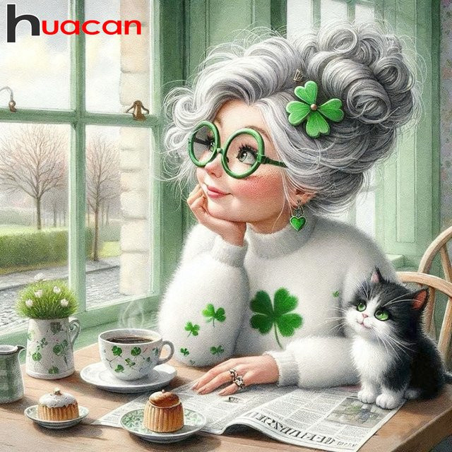 Huacan Diamantmalerei DIY Set mit eleganter Dame und Katze, 5D Vollbohrer Mosaik Kunstbild in Multicolour, B/H: 20 x 20 cm - Bild 1