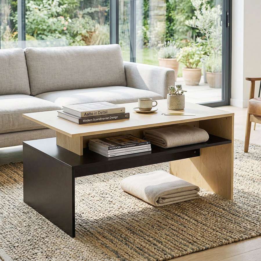 Moderner rechteckiger Couchtisch von Aosom mit versetzten Ebenen und Ablagefach in Naturholz und Schwarz, B/T/H: 95 x 55 x 50 cm - Bild 2