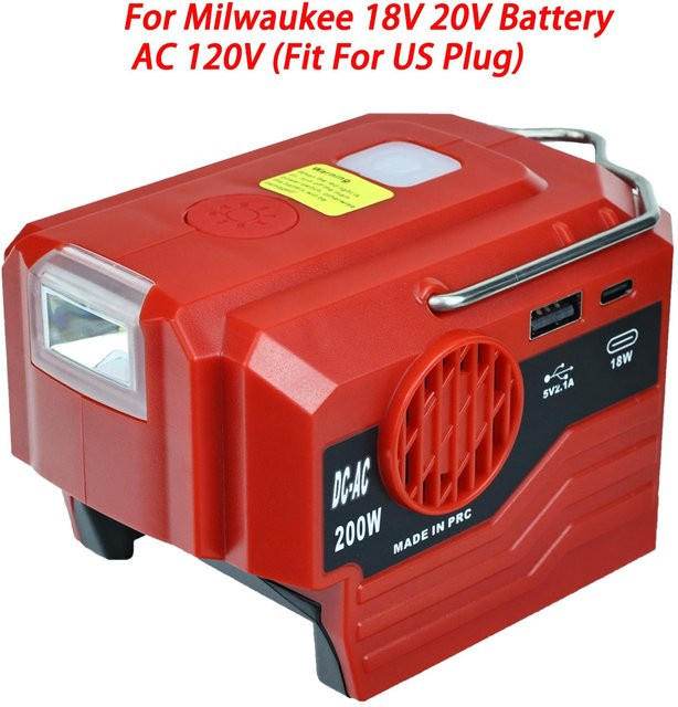 Milwaukee 200W Stromwechselrichter für Akkus mit modifizierter Sinuswelle, AC 120V/220V Stromadapter mit LED-Arbeitslicht und USB-Typ-C Anschluss, Rot - Bild 1