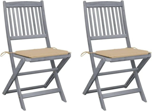 vidaXL Set aus 2 klappbaren Gartenstühlen aus Akazienholz mit Kissen in Grau und Beige - Bild 1