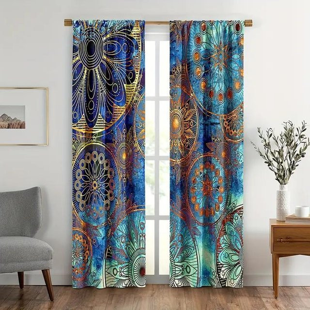 2 Stück Mandala Boho Verdunkelungsvorhänge mit Blumen und Streifen in Multicolour, B: 150 cm, H: 166 cm - Bild 1