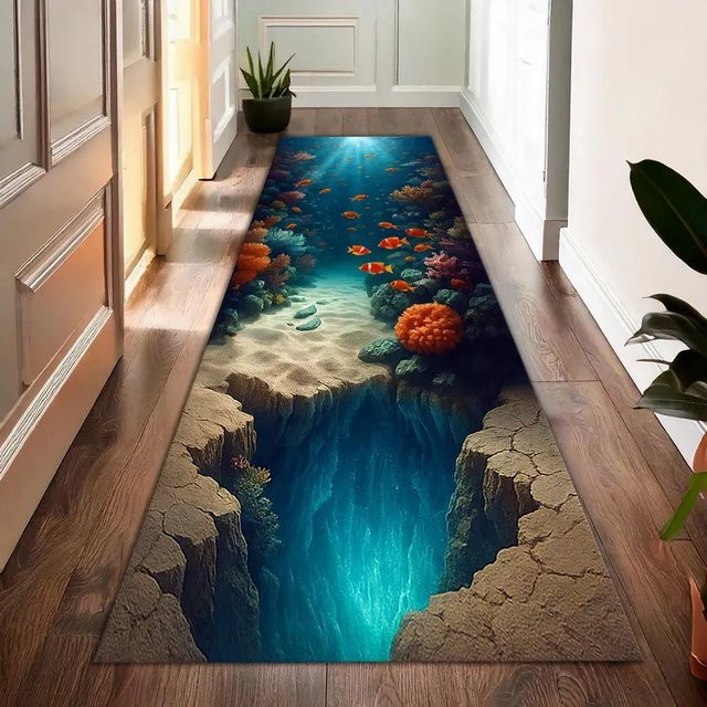 Moderner Läufer Teppich mit Ozean Cliff Tiefsee Druck in Blau für Wohnzimmer und Schlafzimmer - Bild 1