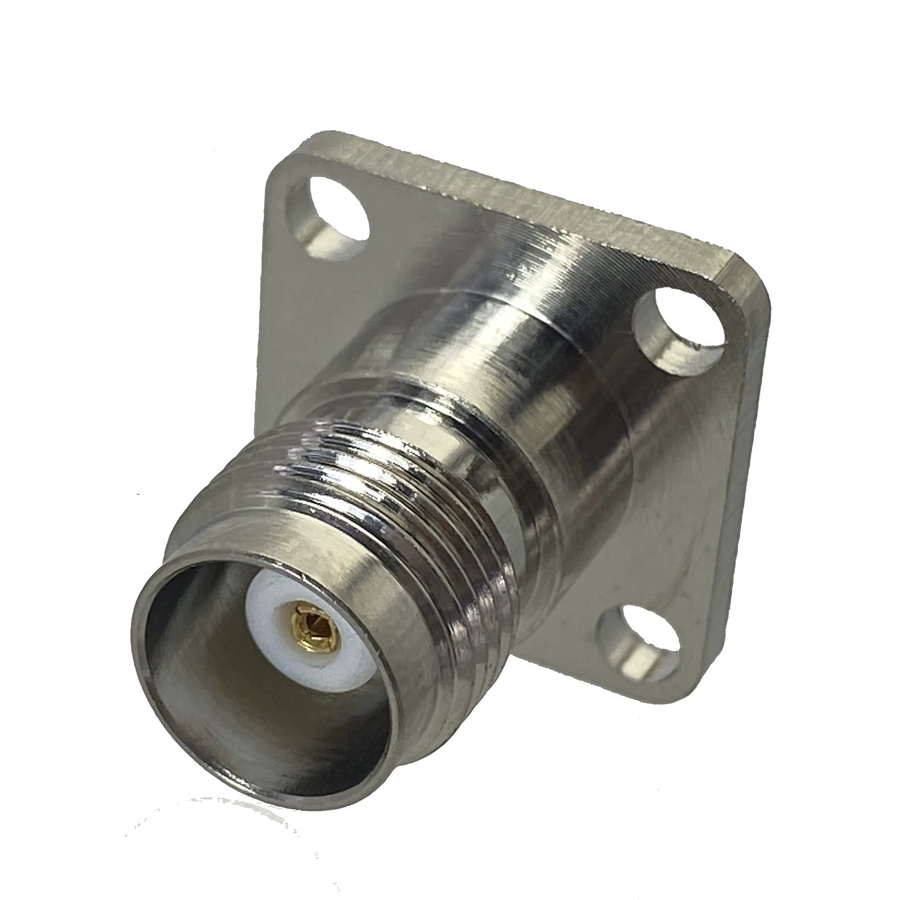 TNC-Stecker mit 4-Loch-Flansch und Lötbecher zur Panel-Montage, gerade HF-Koaxial-Buchse, Farbe: Silber - Bild 2