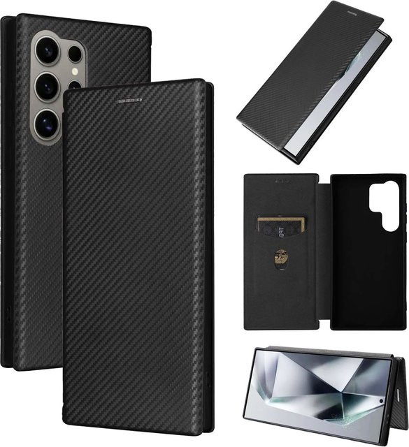Magnetische Leder-Brieftasche Flip-Cover mit Carbon Fiber Design für Samsung Galaxy S25 Ultra S24 S23 S22 S21 S20FE S24FE S23FE S21FE in Schwarz und Blau - Bild 1