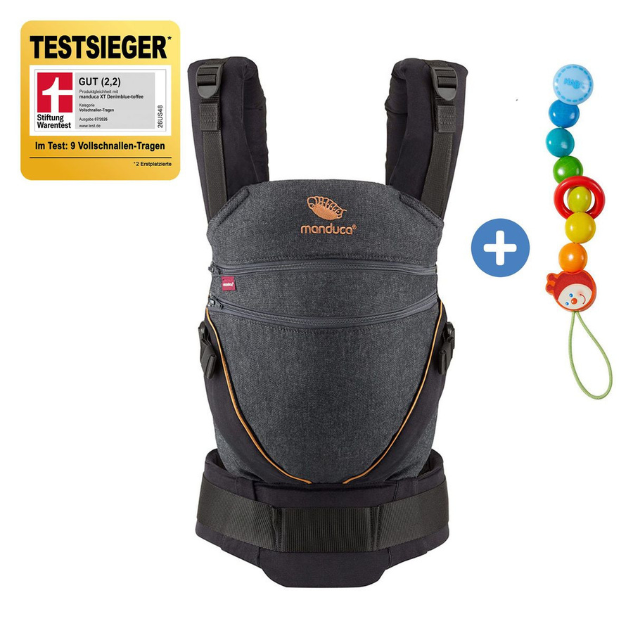 manduca Babytrage XT Schnallentrage für Babys ab 3,5 kg bis 20 kg inklusive Schnullerkette aus Holz in Denimblack Toffee - Bild 1