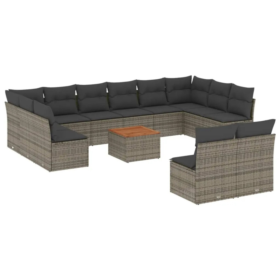 vidaXL 13-tlg. Garten-Sofagarnitur aus Poly-Rattan und Akazienholz in Grau mit Kissen und Tisch - Bild 2
