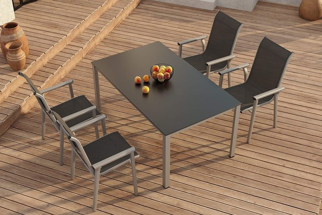Kettler BasicPlus Pro Garten-Essgruppe aus Aluminium und Textilene in Silber/Anthrazit mit Tisch und 4 Stapelstühlen, Tisch Breite: 160 cm, Tiefe: 95 cm - Bild 1