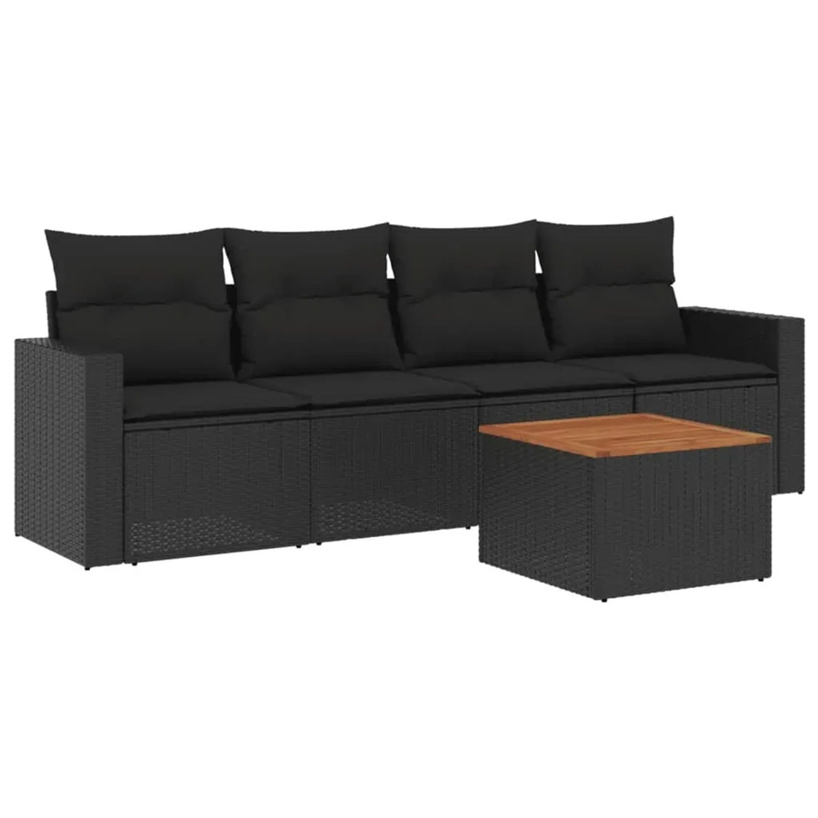 vidaXL 5-teilige Garten-Sofagarnitur aus Poly-Rattan und Akazienholz in Schwarz mit Kissen - Bild 2