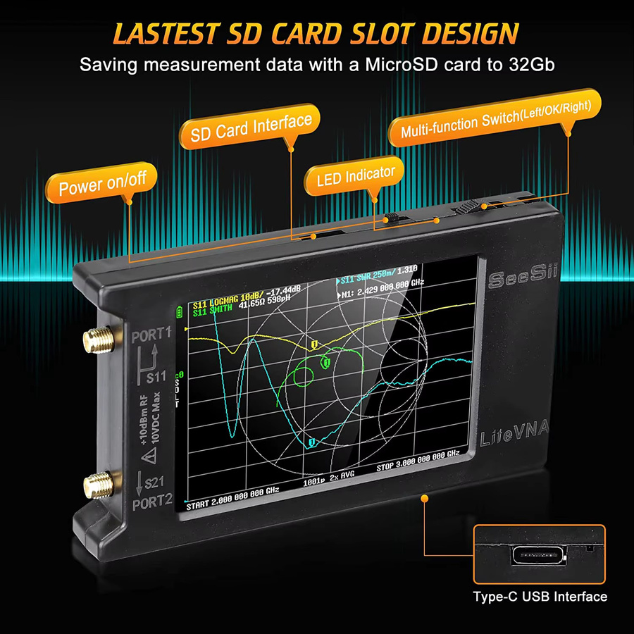 SeeSii LiteVNA Vektor-Netzwerkanalysator NanoVNA mit 4-Zoll-Display, 50 kHz–6,3 GHz, Schwarz - Bild 4
