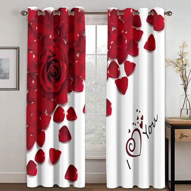 Moderne Rosen-Vorhänge mit 3D-Blumendruck von Household supplies MH, halbtransparent, mit Ösenaufhängung, Breite: 50 cm, Höhe: 60 cm - Bild 1
