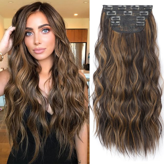 Booming Hair Clip-in-Haarverlängerung, synthetisch, wellig, Ombre Blonde Braun, 6 Teile - Bild 1