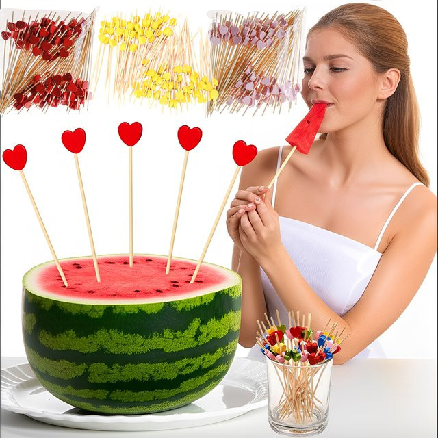 YTYIN Bambus-Spieße in Herz- und Blumenform, 100 Stück, Gelb, ideal für Buffet, Cupcakes, Obst und Cocktails - Bild 1