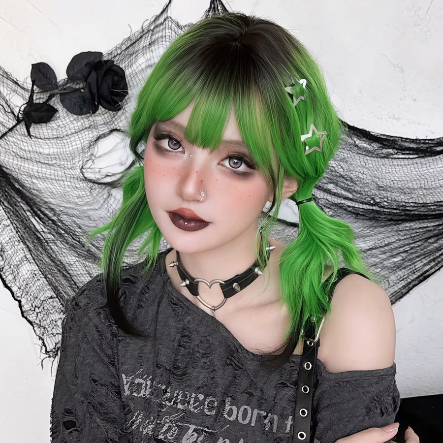 7JHH WIGS Perücke, schulterlange Wasserwellen, grün, Ombre schwarz, Damen - Bild 3
