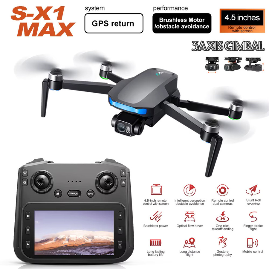 WDSZKMYF S-X1 MAX GPS-Drohne mit 4K-Kamera, 3-Achsen-Gimbal, FPV und großer Bildschirmsteuerung, Quadcopter in Schwarz - Bild 7