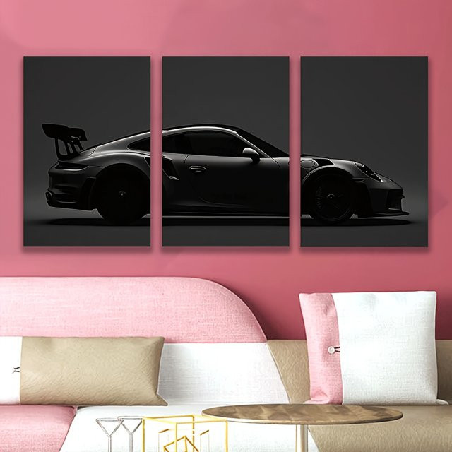 Potdemiel 3er Set Leinwand-Wandkunst Rahmenlose Sportwagen-Motiv Wandbilder in Schwarz - Bild 1