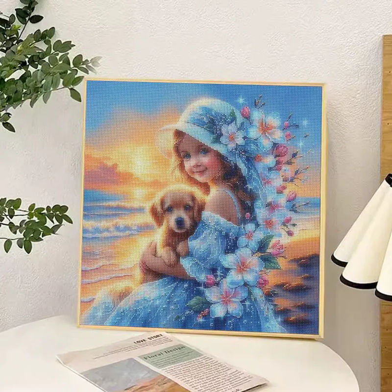 SDOYUNO 5D Diamantgemälde Set Strandmädchen mit Welpe und Blumen, Mehrfarbiges Strass-Mosaik zum Selbermachen für Kinder und Heimdekoration - Bild 2