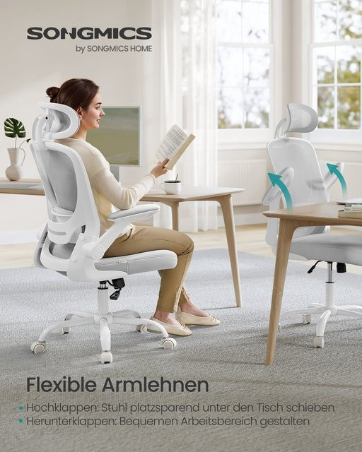 Ergonomischer SONGMICS Bürostuhl mit Mesh, Kopfstütze und Wippfunktion, Drehstuhl in Grau oder Weiß mit 53 cm Sitzfläche - Bild 1