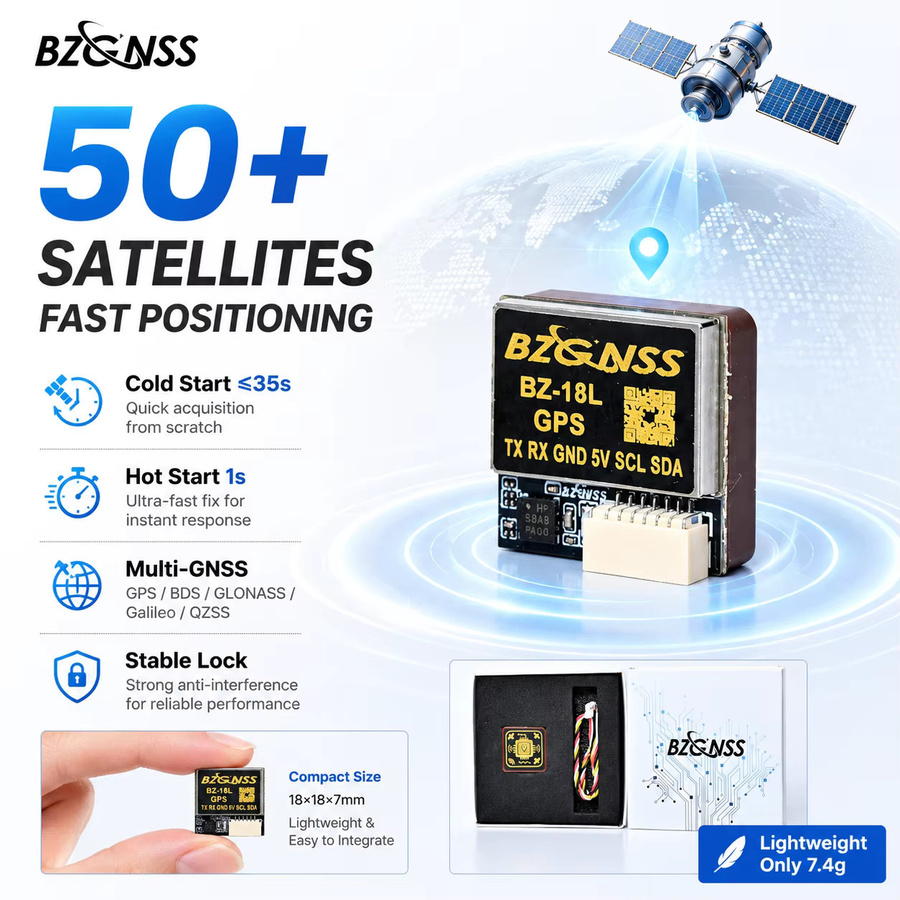 BZGNSS BZ-18L Leichtgewichtiges GPS-Modul mit Kompass in Schwarz, 7,4g GNSS-Empfänger für FPV-Drohnen, RC-Autos, Roboter und UAVs - Bild 3