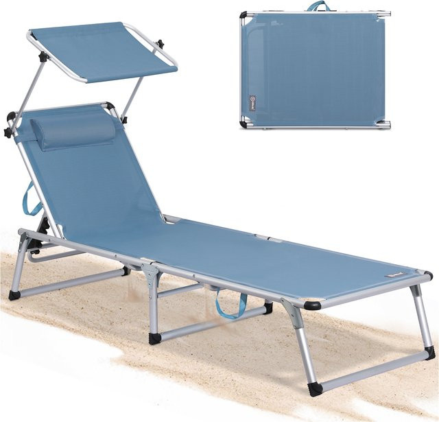 HOMECALL Strandliege aus Alu und Textilene mit Sonnenschutzdach und verstellbarer Rückenlehne, Blau, Belastbarkeit bis 120 kg - Bild 1