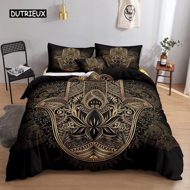 Jinmeige Mandala Buddha Bettwäsche-Set im Boho-Stil mit Lotusblumen-Design, Gold und Schwarz, Mikrofaser-Polyester, B/H: 135 x 200 cm - Bild 1